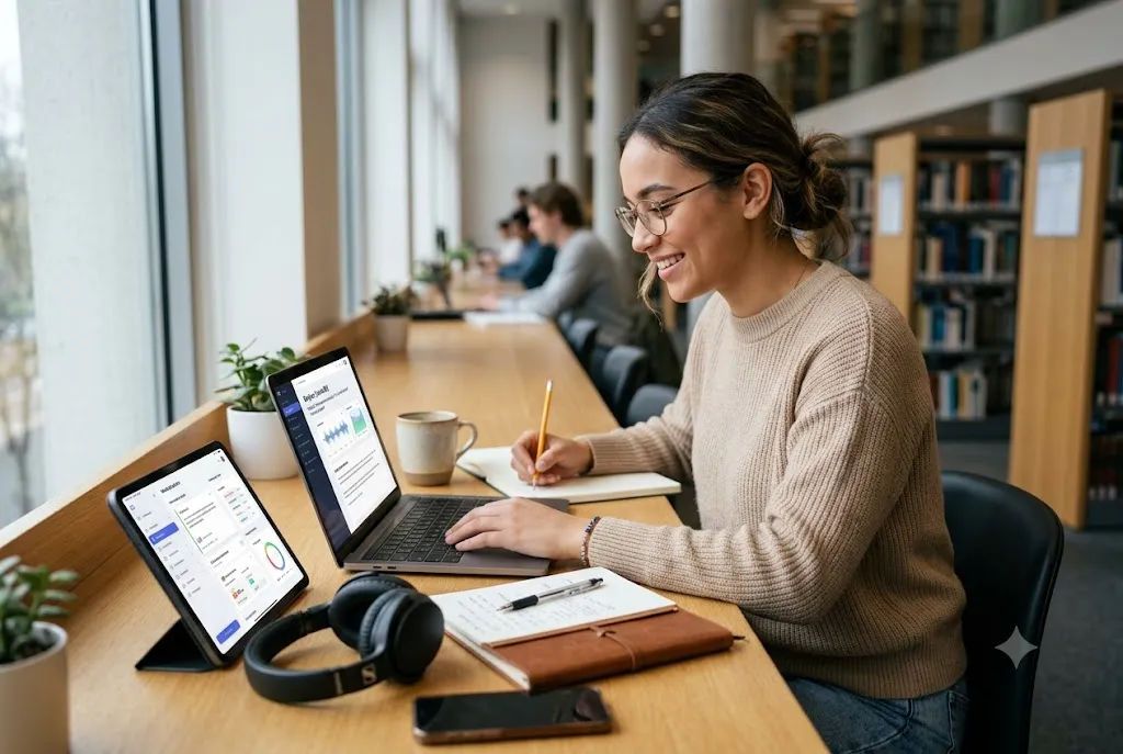 Student using ed-tech for language learning with AI-powered lessons and digital language education tools.