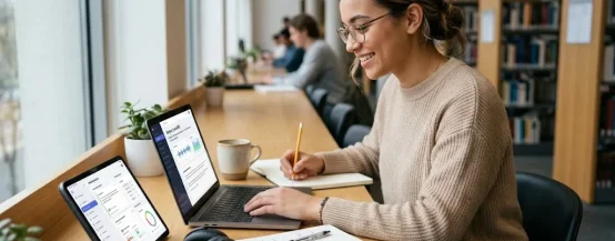 Student using ed-tech for language learning with AI-powered lessons and digital language education tools.