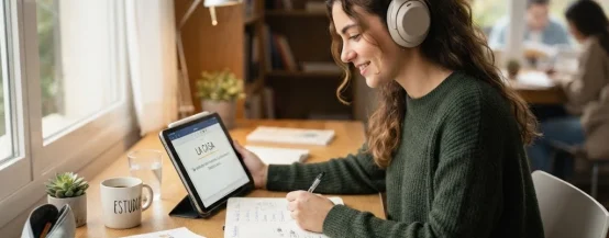 Student using flashcard apps for language learning to memorize vocabulary
