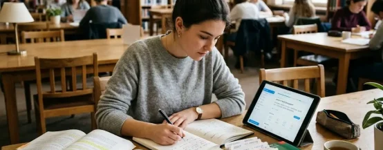 Student using language learning apps that don't use AI for structured language study