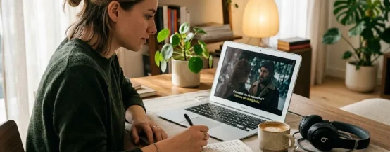 Person using a Netflix language learning extension to study with bilingual subtitles while streaming educational content.